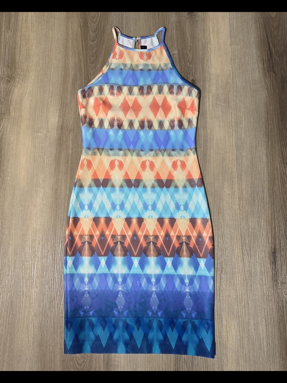 Sleeveless Geometric Print Halter Dress in Blue and Orange